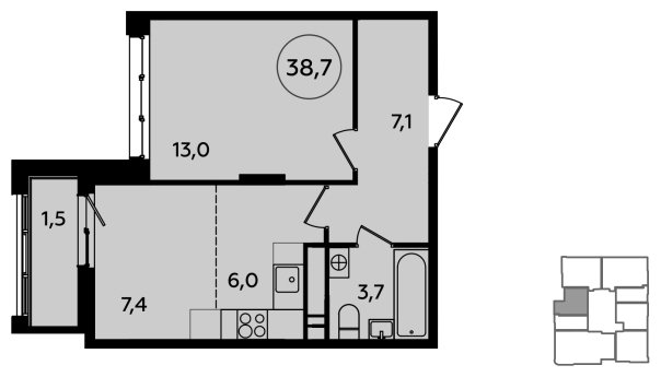 2-комнатная квартира (евро) без отделки, 38.7 м2, 14 этаж, сдача 4 квартал 2023 г., ЖК Скандинавия, корпус 2.23.7 - объявление 1514958 - фото №1