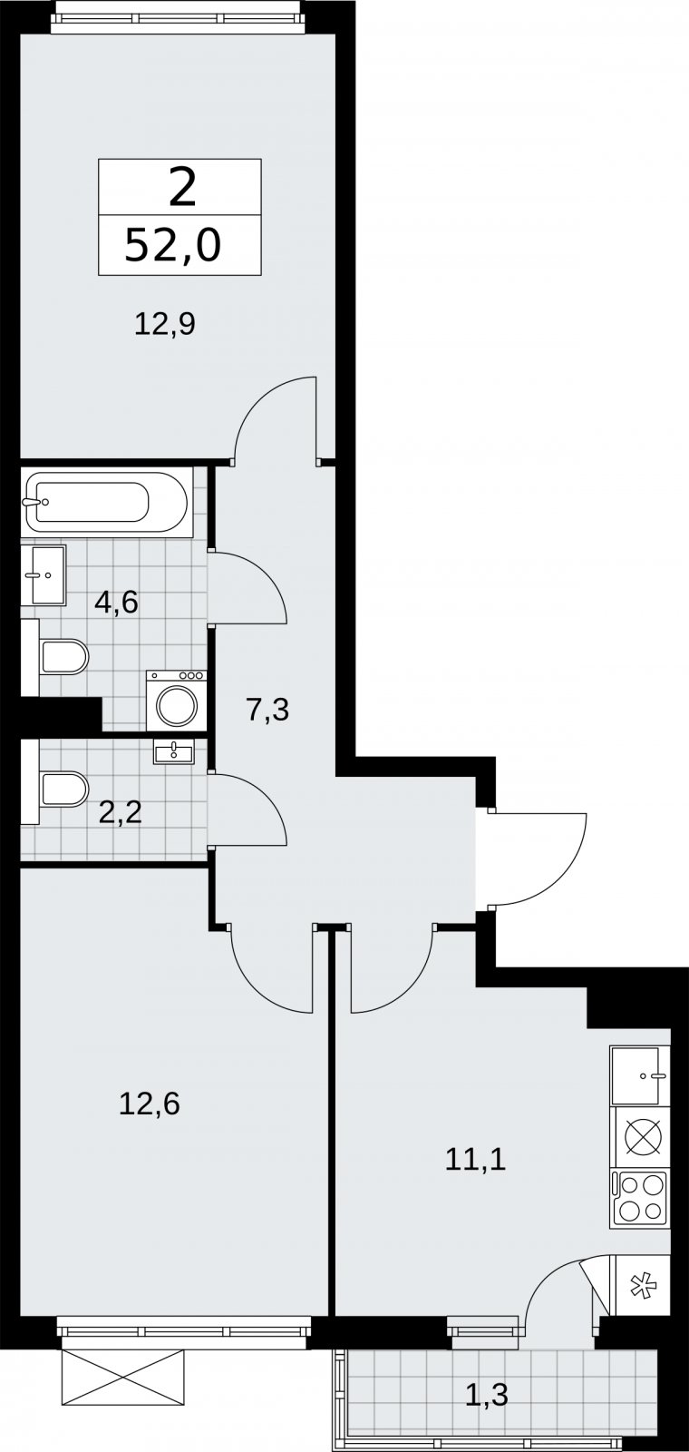 2-комнатная квартира без отделки, 52 м2, 9 этаж, сдача 2 квартал 2026 г., ЖК Бунинские кварталы, корпус 7.3 - объявление 2313785 - фото №1