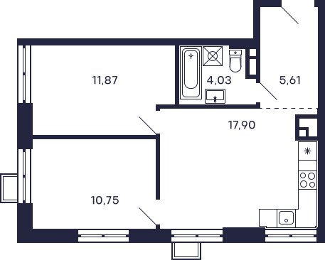2-комнатная квартира с частичной отделкой, 50.16 м2, 15 этаж, сдача 2 квартал 2026 г., ЖК Квартал Тетрис, корпус С-2.2 - объявление 2350369 - фото №1