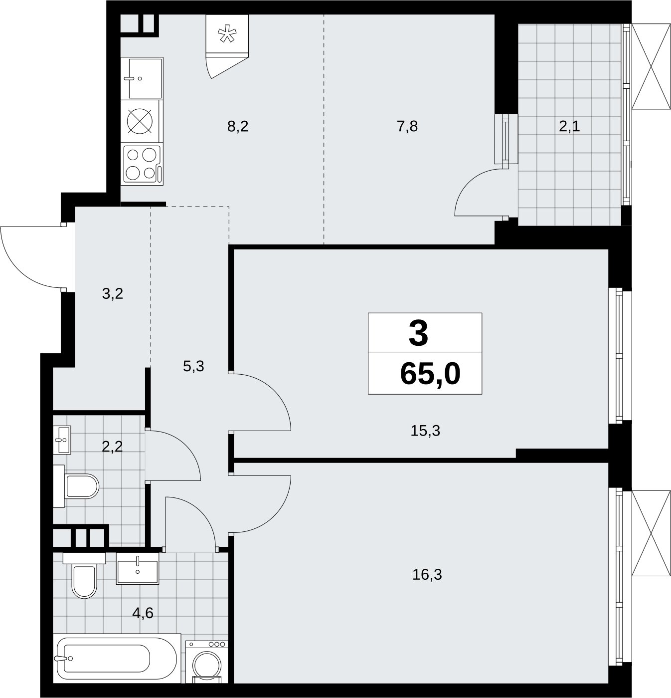 3-комнатная квартира (евро) без отделки, 65 м2, 3 этаж, сдача 4 квартал 2026 г., ЖК Скандинавия, корпус 2.18.1.1 - объявление 2350576 - фото №1