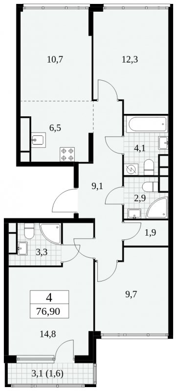 4-комнатная квартира (евро) без отделки, 76.9 м2, 29 этаж, сдача 2 квартал 2025 г., ЖК Южные сады, корпус 2.4 - объявление 1760531 - фото №1