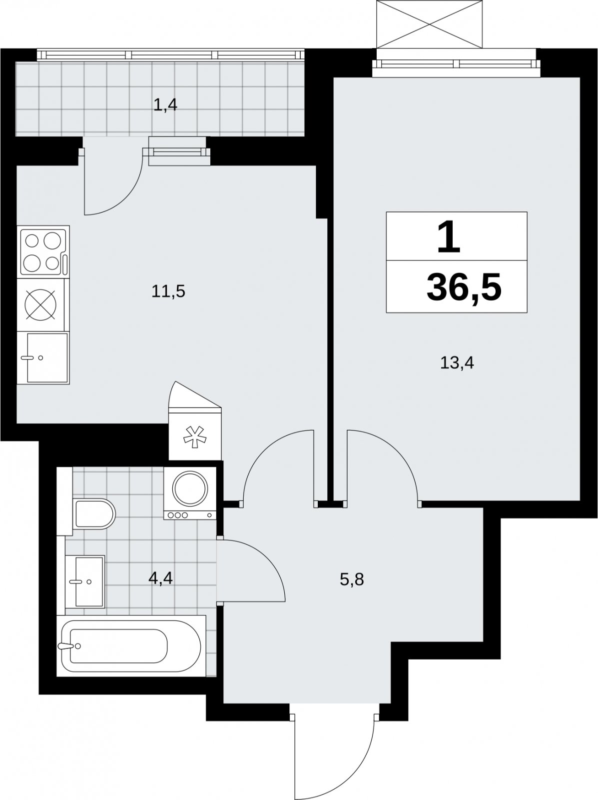 1-комнатная квартира без отделки, 36.5 м2, 17 этаж, сдача 2 квартал 2026 г., ЖК Бунинские кварталы, корпус 9.1 - объявление 2323882 - фото №1