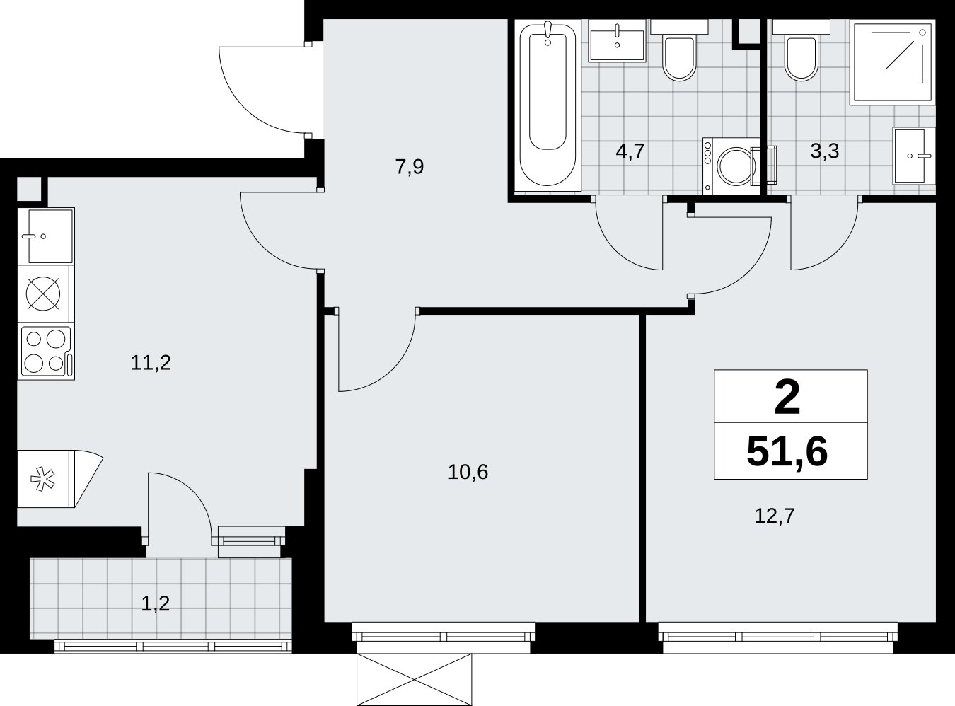 2-комнатная квартира без отделки, 51.6 м2, 2 этаж, сдача 1 квартал 2026 г., ЖК Дзен-кварталы, корпус 6.2.1 - объявление 2328520 - фото №1