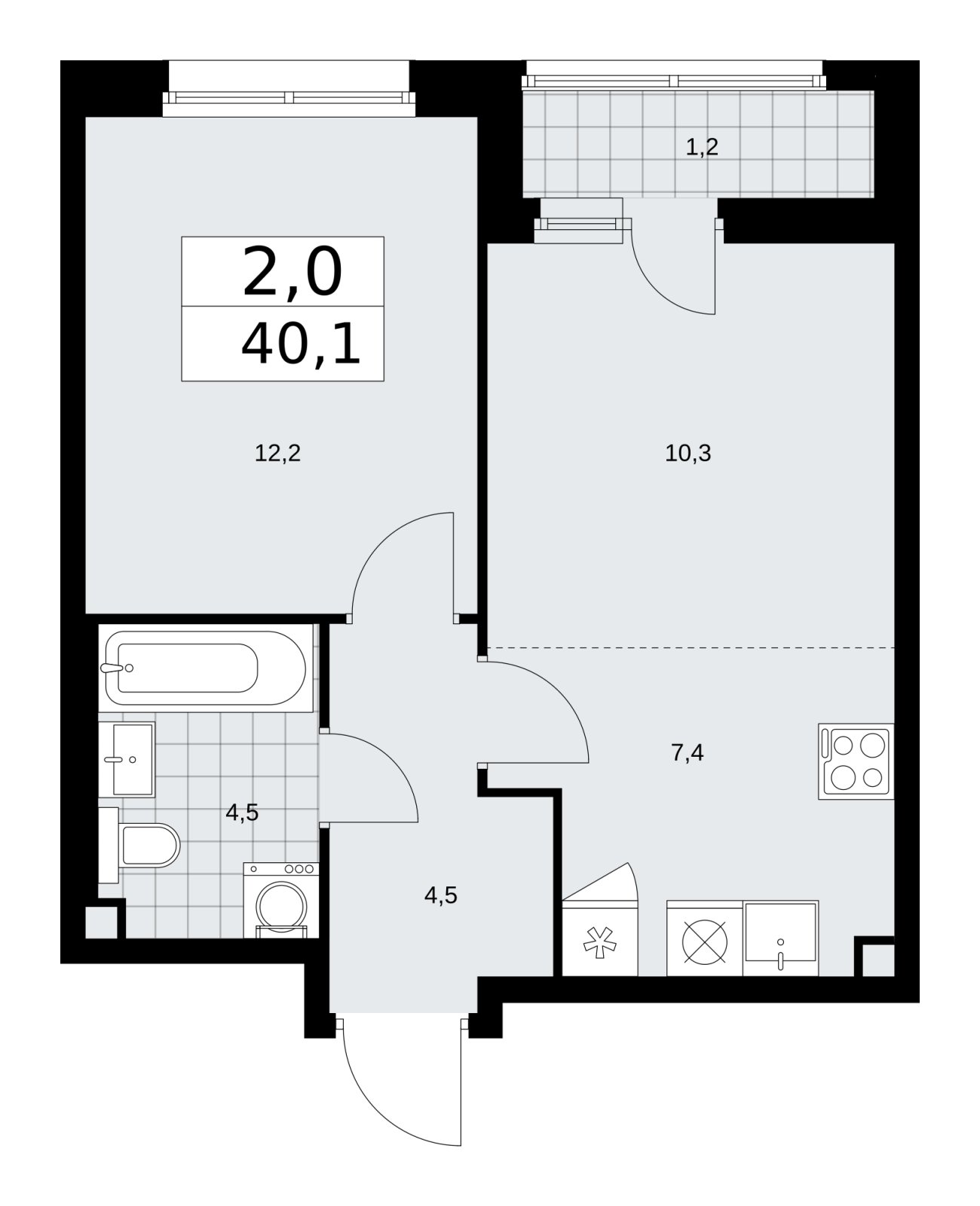 2-комнатная квартира (евро) с частичной отделкой, 40.1 м2, 2 этаж, сдача 2 квартал 2026 г., ЖК Дзен-кварталы, корпус 3.6 - объявление 2242604 - фото №1