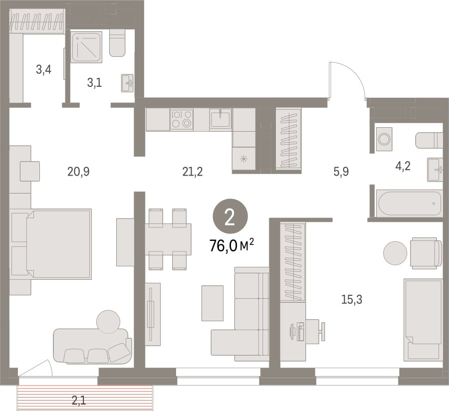 2-комнатная квартира с частичной отделкой, 76.03 м2, 5 этаж, сдача 1 квартал 2025 г., ЖК Первый квартал, корпус Дом 5 - объявление 2281414 - фото №1