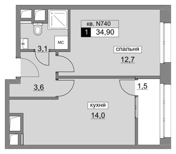 1-комнатная квартира без отделки, 34.9 м2, 6 этаж, дом сдан, ЖК Румянцево-Парк, корпус 3 - объявление 1933337 - фото №1
