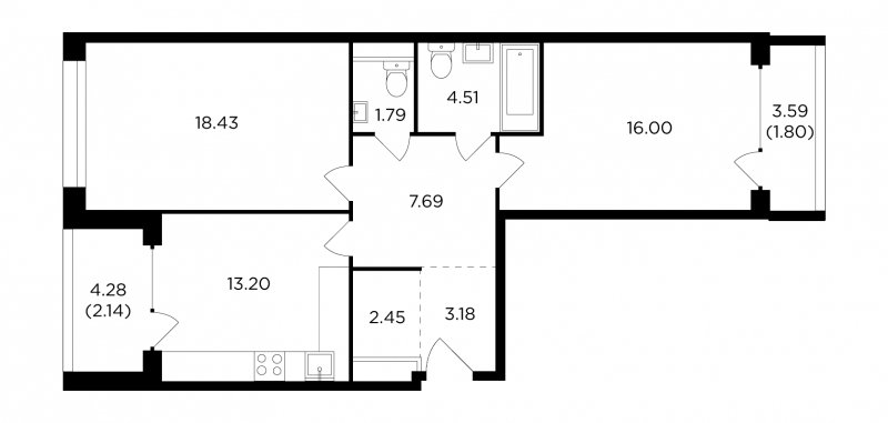 2-комнатная квартира без отделки, 71.19 м2, 4 этаж, дом сдан, ЖК RiverSky, корпус 8 - объявление 1747979 - фото №1