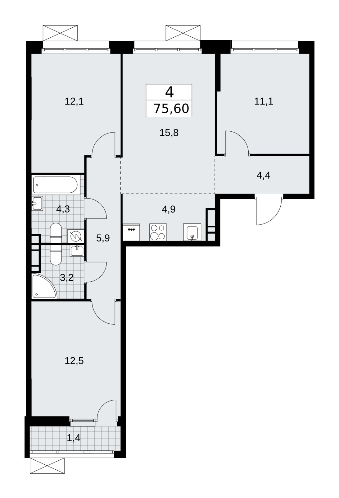 4-комнатная квартира (евро) с частичной отделкой, 75.6 м2, 7 этаж, сдача 4 квартал 2025 г., ЖК Бунинские кварталы, корпус 3.4 - объявление 2152103 - фото №1