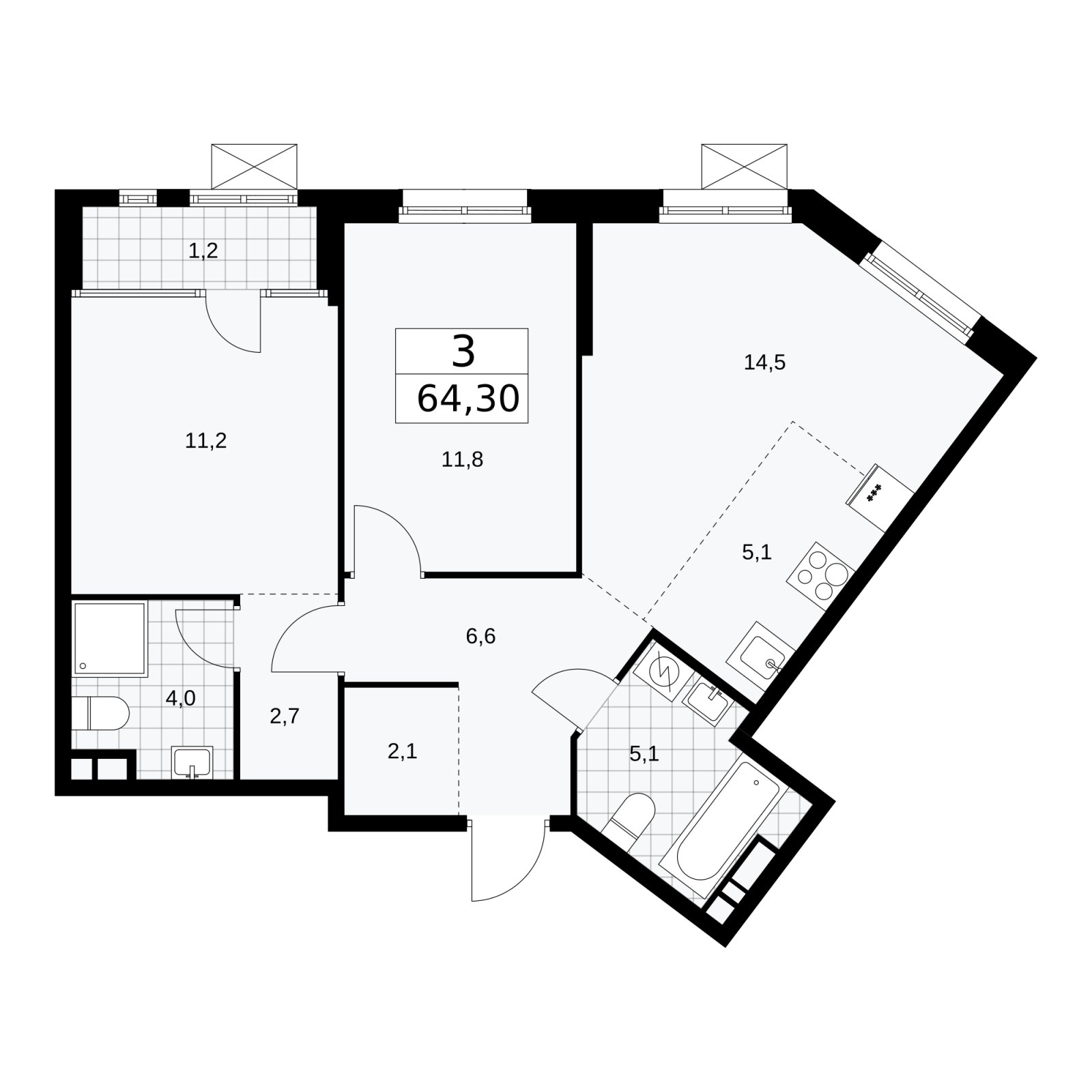 3-комнатная квартира (евро) с частичной отделкой, 64.3 м2, 7 этаж, сдача 1 квартал 2026 г., ЖК Дом на Зорге, корпус 25 - объявление 2221190 - фото №1