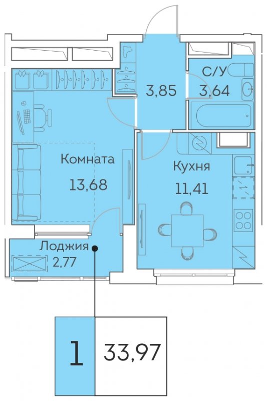 1-комнатная квартира с частичной отделкой, 33.97 м2, 16 этаж, сдача 3 квартал 2023 г., ЖК Аквилон BESIDE, корпус 1 - объявление 1642933 - фото №1