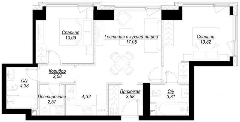 2-комнатная квартира с частичной отделкой, 62.3 м2, 8 этаж, сдача 1 квартал 2023 г., ЖК Hide, корпус RiverSide - объявление 1707075 - фото №1