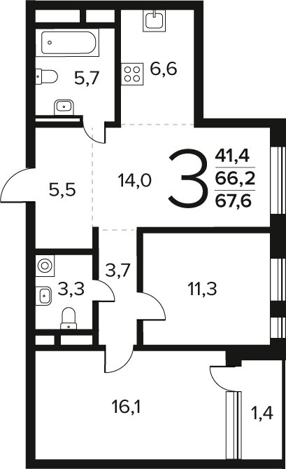 3-комнатная квартира (евро) без отделки, 67.4 м2, 2 этаж, сдача 4 квартал 2027 г., ЖК Новые Ватутинки. Заречный, корпус 6/2 - объявление 2458613 - фото №1