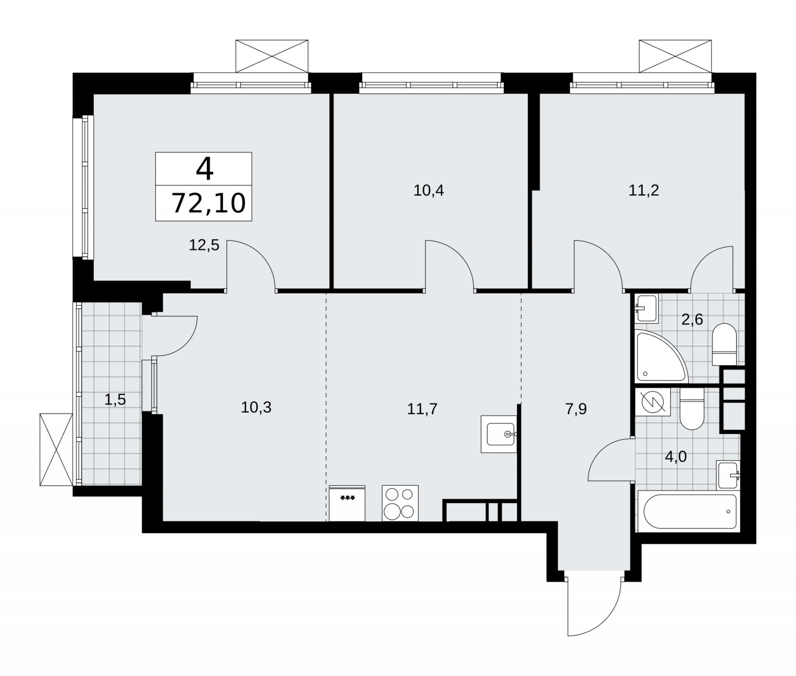 4-комнатная квартира (евро) без отделки, 72.1 м2, 9 этаж, сдача 3 квартал 2025 г., ЖК Бунинские кварталы, корпус 3.2 - объявление 2151873 - фото №1