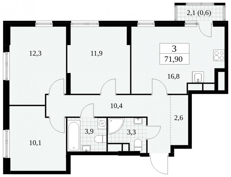 3-комнатная квартира без отделки, 71.9 м2, 6 этаж, сдача 2 квартал 2025 г., ЖК Южные сады, корпус 2.3 - объявление 1758311 - фото №1