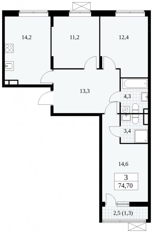 3-комнатная квартира без отделки, 74.7 м2, 9 этаж, сдача 1 квартал 2025 г., ЖК Прокшино, корпус 5.1.3 - объявление 1810697 - фото №1