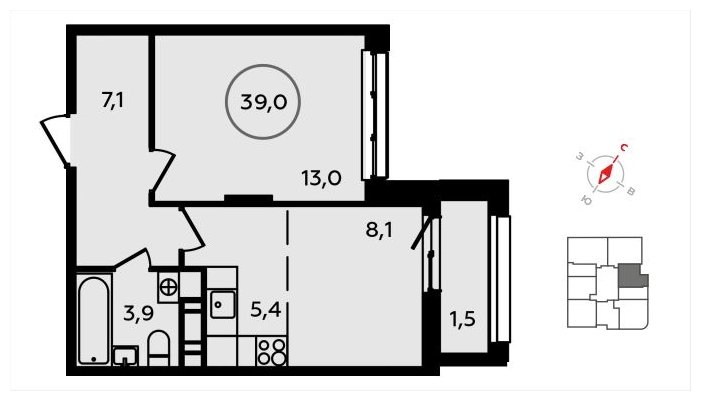 2-комнатная квартира (евро) без отделки, 39 м2, 6 этаж, сдача 3 квартал 2024 г., ЖК Скандинавия, корпус 2.22.1 - объявление 1625222 - фото №1