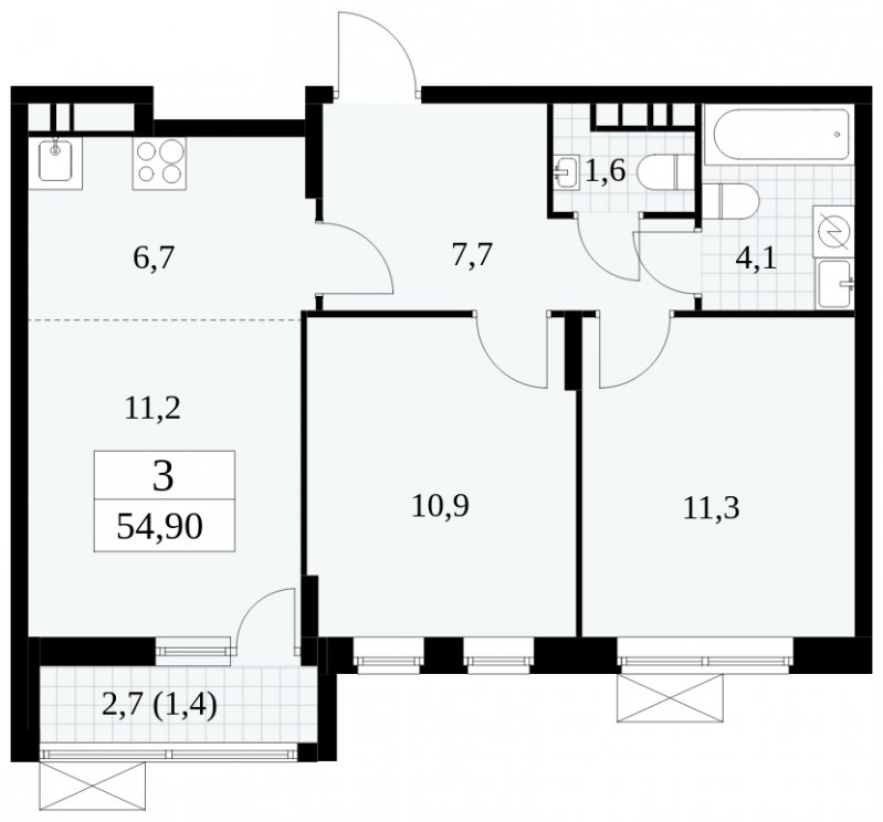 3-комнатная квартира (евро) без отделки, 54.9 м2, 18 этаж, сдача 1 квартал 2025 г., ЖК Прокшино, корпус 5.2.5 - объявление 1900984 - фото №1