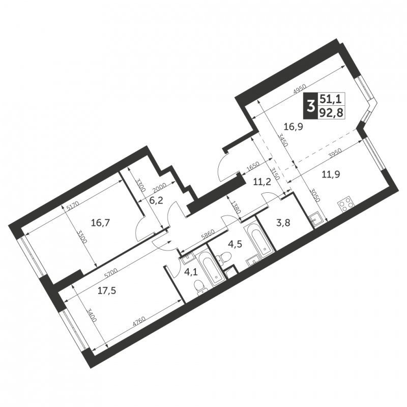 3-комнатная квартира без отделки, 92.8 м2, 43 этаж, сдача 4 квартал 2023 г., ЖК Архитектор, корпус 3 - объявление 1566124 - фото №1