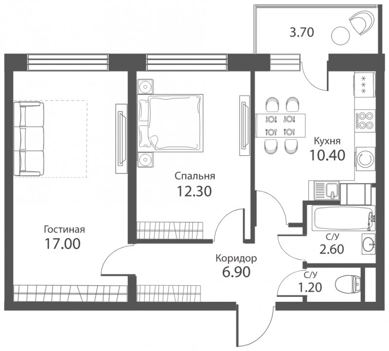 2-комнатная квартира с частичной отделкой, 51.5 м2, 14 этаж, сдача 2 квартал 2022 г., ЖК Аквилон PARK, корпус 1 - объявление 1275768 - фото №1