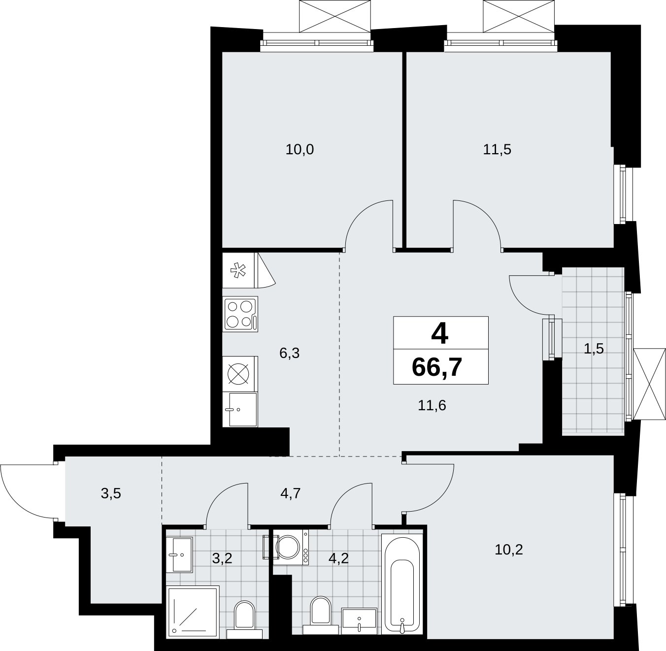 4-комнатная квартира (евро) без отделки, 66.7 м2, 16 этаж, сдача 1 квартал 2026 г., ЖК Дзен-кварталы, корпус 6.2.2 - объявление 2328762 - фото №1