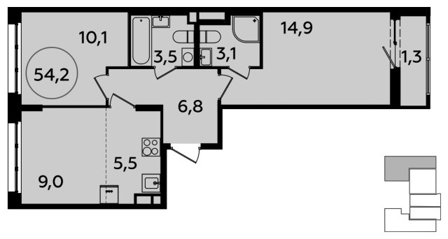 3-комнатная квартира (евро) с полной отделкой, 54.2 м2, 12 этаж, сдача 2 квартал 2024 г., ЖК Испанские кварталы, корпус 8.1 - объявление 1633490 - фото №1