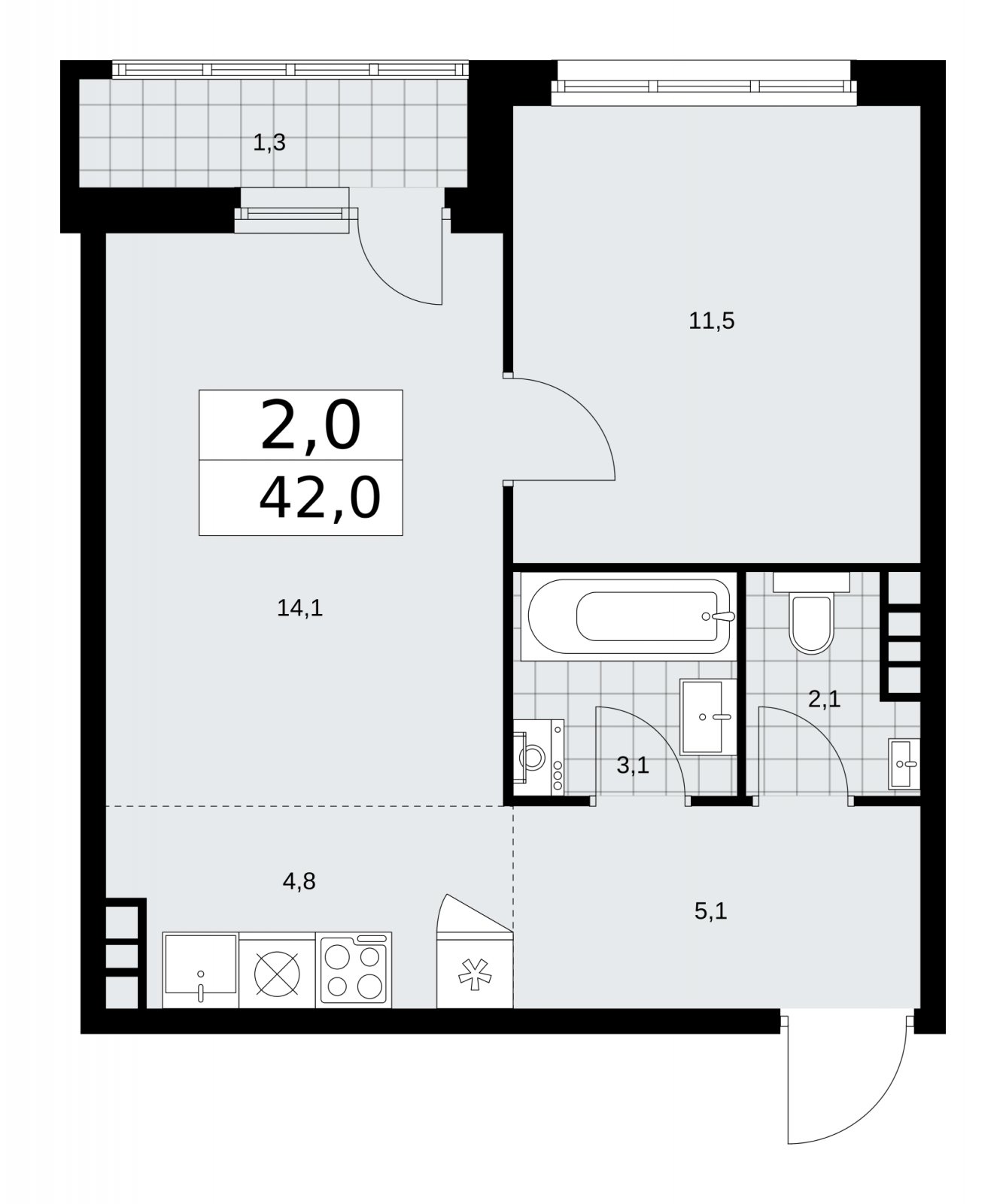 2-комнатная квартира (евро) с частичной отделкой, 42 м2, 8 этаж, сдача 2 квартал 2026 г., ЖК Дзен-кварталы, корпус 3.4 - объявление 2242088 - фото №1