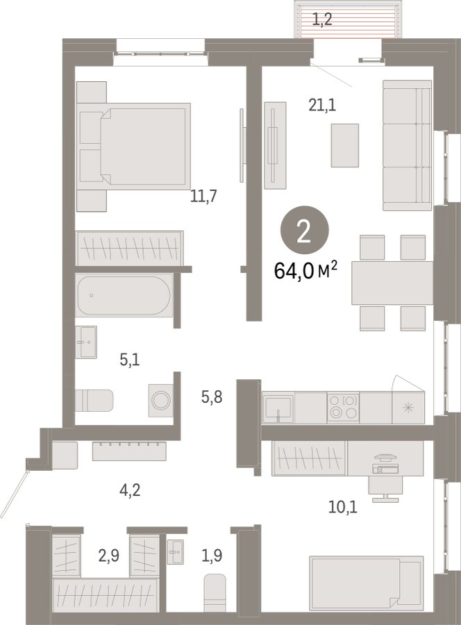 2-комнатная квартира с частичной отделкой, 64 м2, 13 этаж, сдача 3 квартал 2026 г., ЖК Квартал Метроном, корпус 1 - объявление 2300617 - фото №1