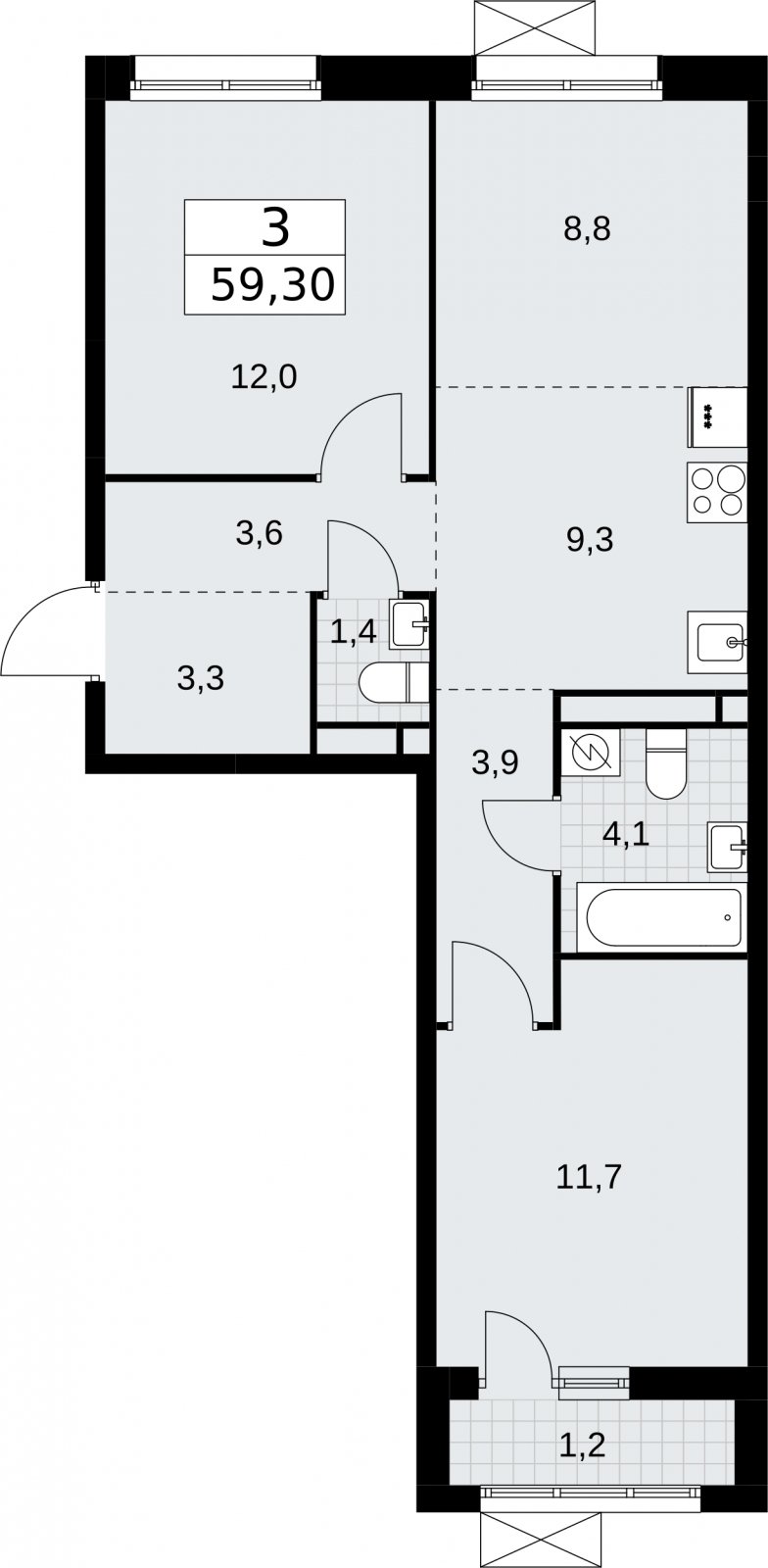 3-комнатная квартира (евро) без отделки, 59.3 м2, 4 этаж, сдача 3 квартал 2026 г., ЖК Родные кварталы, корпус 2 - объявление 2295529 - фото №1
