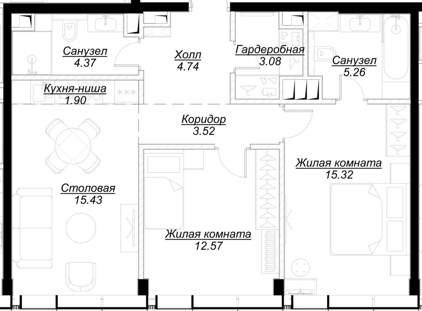 2-комнатная квартира без отделки, 65.3 м2, 52 этаж, сдача 4 квартал 2024 г., ЖК MOD, корпус Dreiser - объявление 2188811 - фото №1