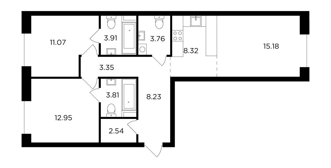 3-комнатная квартира без отделки, 73.12 м2, 12 этаж, сдача 4 квартал 2023 г., ЖК FORIVER, корпус 3 - объявление 2127242 - фото №1