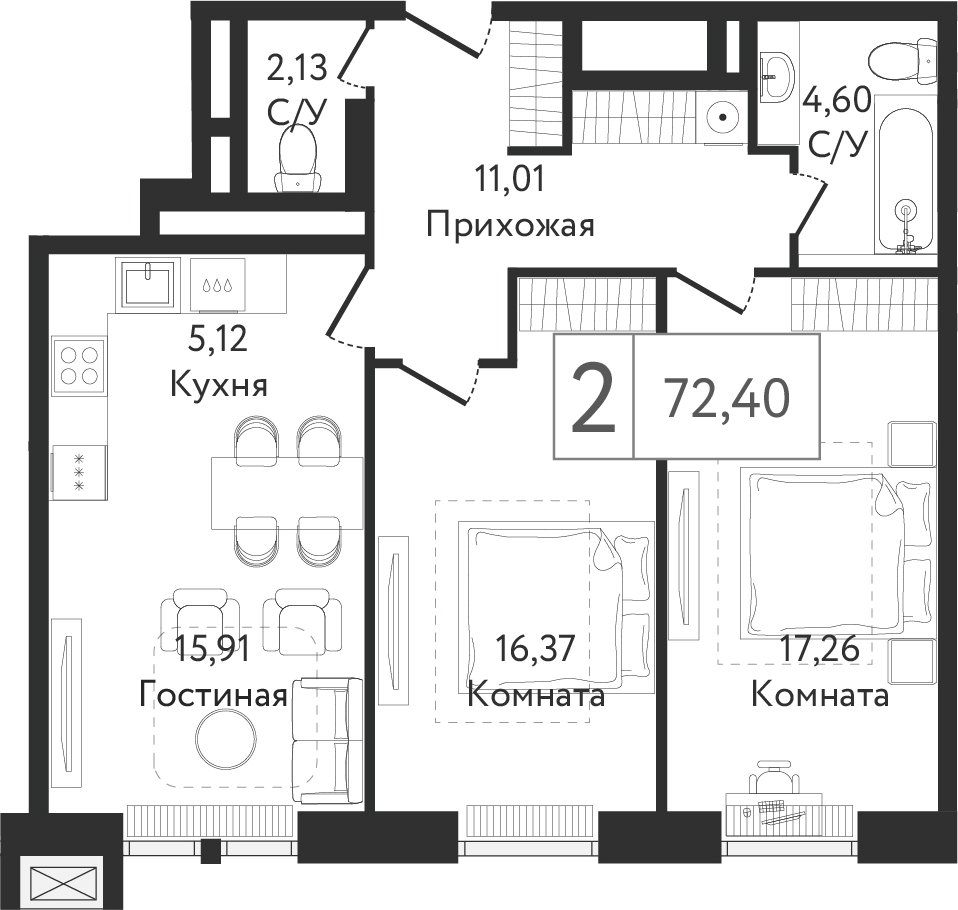 2-комнатная квартира без отделки, 72.4 м2, 3 этаж, сдача 4 квартал 2023 г., ЖК Dream Towers, корпус 1 - объявление 2281339 - фото №1