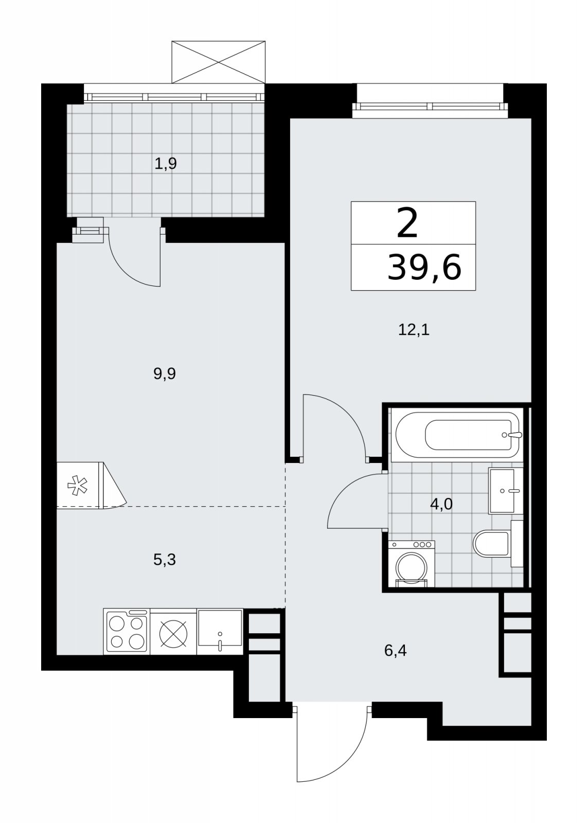 2-комнатная квартира (евро) с частичной отделкой, 39.6 м2, 14 этаж, сдача 2 квартал 2026 г., ЖК Скандинавия, корпус 25.2 - объявление 2283581 - фото №1