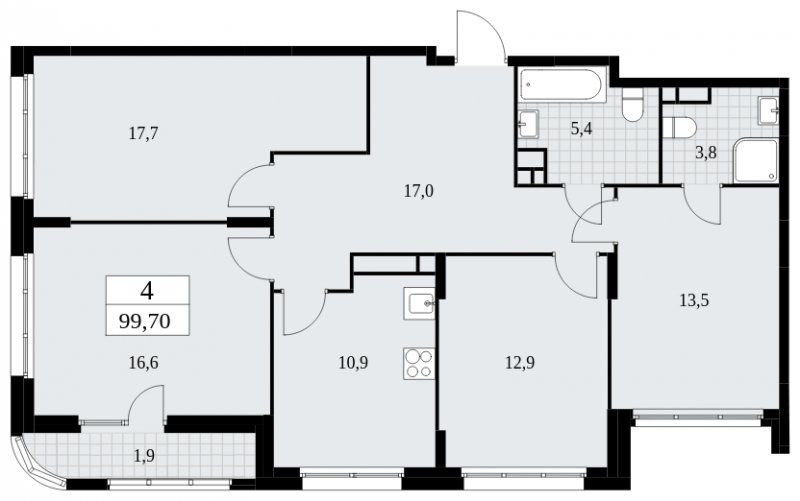 4-комнатная квартира с частичной отделкой, 99.7 м2, 14 этаж, сдача 4 квартал 2024 г., ЖК Скандинавия, корпус 36.2.1 - объявление 1779908 - фото №1