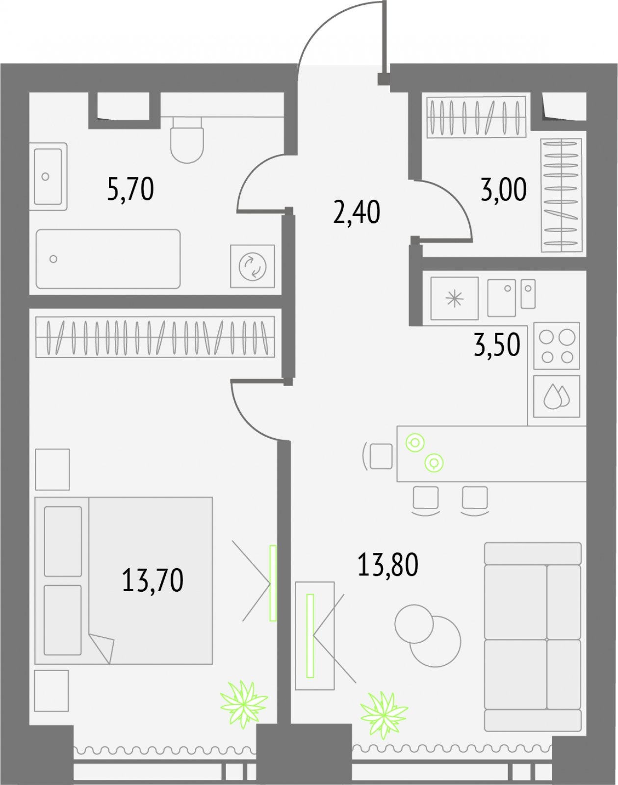 1-комнатная квартира без отделки, 42.1 м2, 33 этаж, сдача 2 квартал 2026 г., ЖК Upside Towers, корпус 1 - объявление 2250613 - фото №1