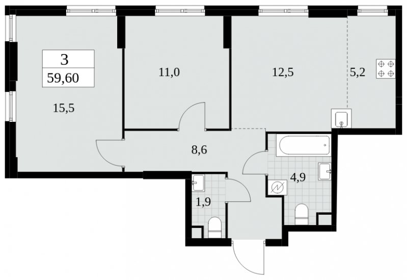 3-комнатная квартира (евро) без отделки, 59.6 м2, 2 этаж, сдача 2 квартал 2025 г., ЖК Южные сады, корпус 2.4 - объявление 1760427 - фото №1