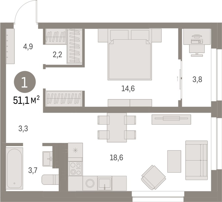 1-комнатная квартира с частичной отделкой, 51.11 м2, 12 этаж, сдача 1 квартал 2025 г., ЖК Первый квартал, корпус 5 - объявление 2310692 - фото №1