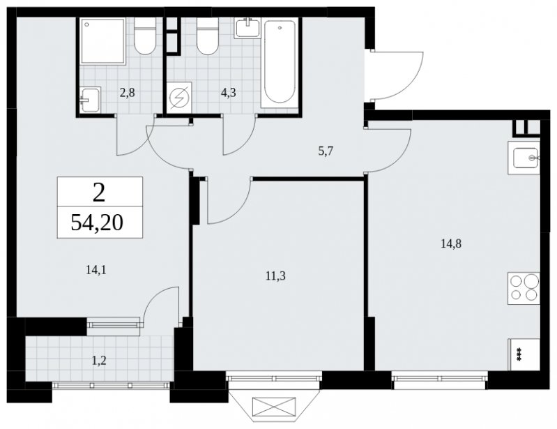 2-комнатная квартира без отделки, 54.2 м2, 3 этаж, сдача 1 квартал 2025 г., ЖК Бунинские кварталы, корпус 1.3 - объявление 1834842 - фото №1