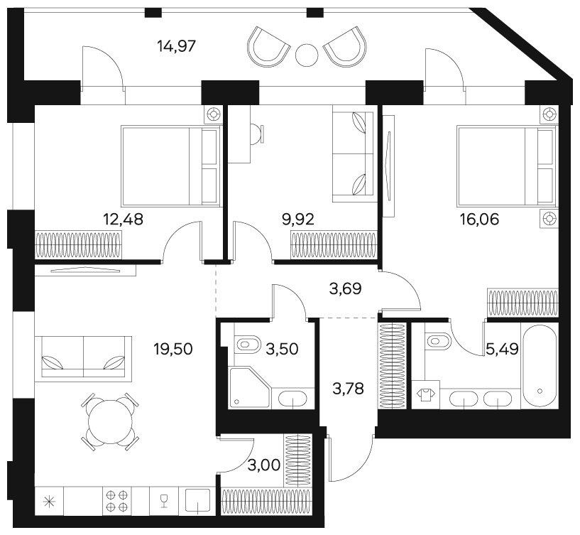 3-комнатная квартира без отделки, 84.95 м2, 14 этаж, сдача 4 квартал 2024 г., ЖК FØRST, корпус 2 - объявление 1943041 - фото №1