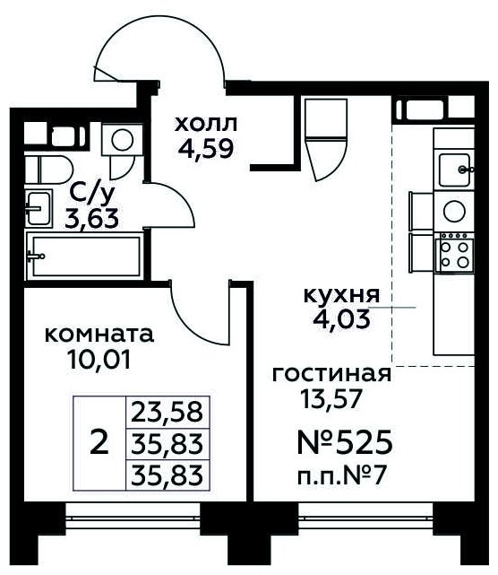 2-комнатная квартира (евро) с полной отделкой, 35.83 м2, 15 этаж, сдача 3 квартал 2024 г., ЖК МелисСад, корпус 1 - объявление 1916978 - фото №1