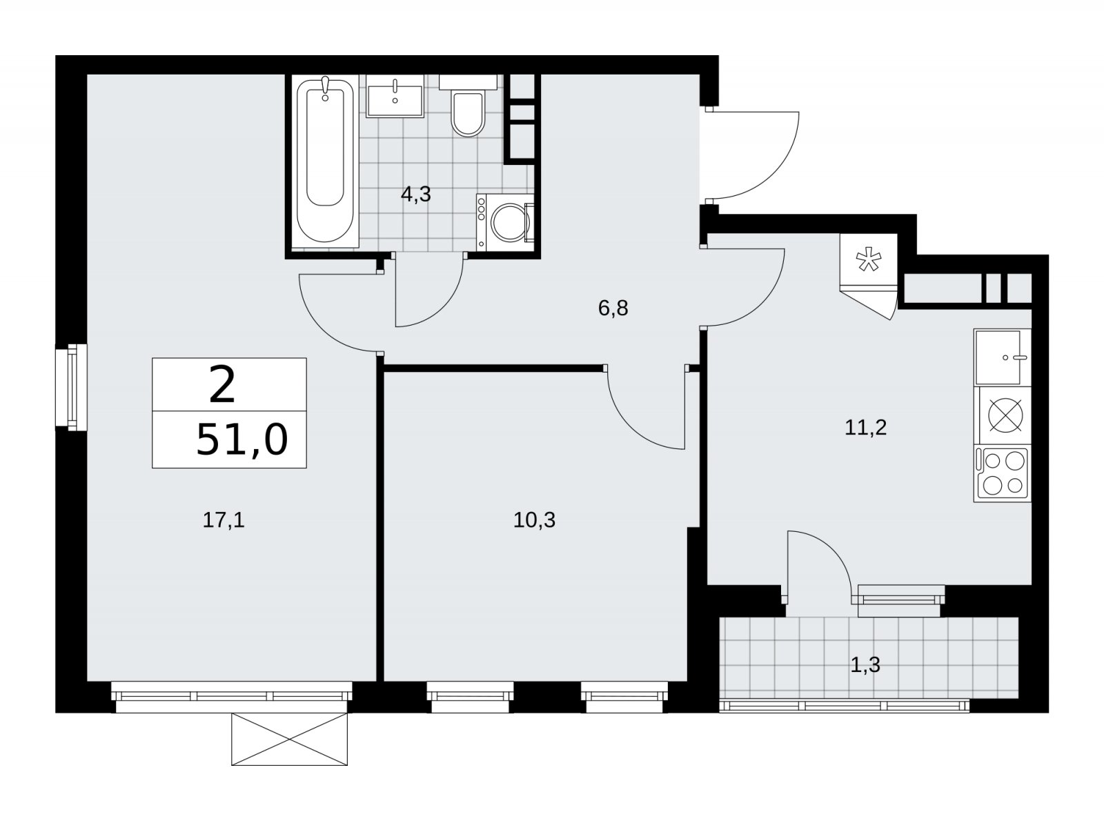 2-комнатная квартира с частичной отделкой, 51 м2, 12 этаж, сдача 1 квартал 2026 г., ЖК Прокшино, корпус 11.1.1 - объявление 2257107 - фото №1