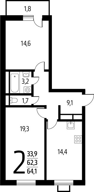 2-комнатная квартира с полной отделкой, 64.1 м2, 2 этаж, сдача 1 квартал 2025 г., ЖК Новые Ватутинки. Заречный, корпус 5/1 - объявление 2271801 - фото №1