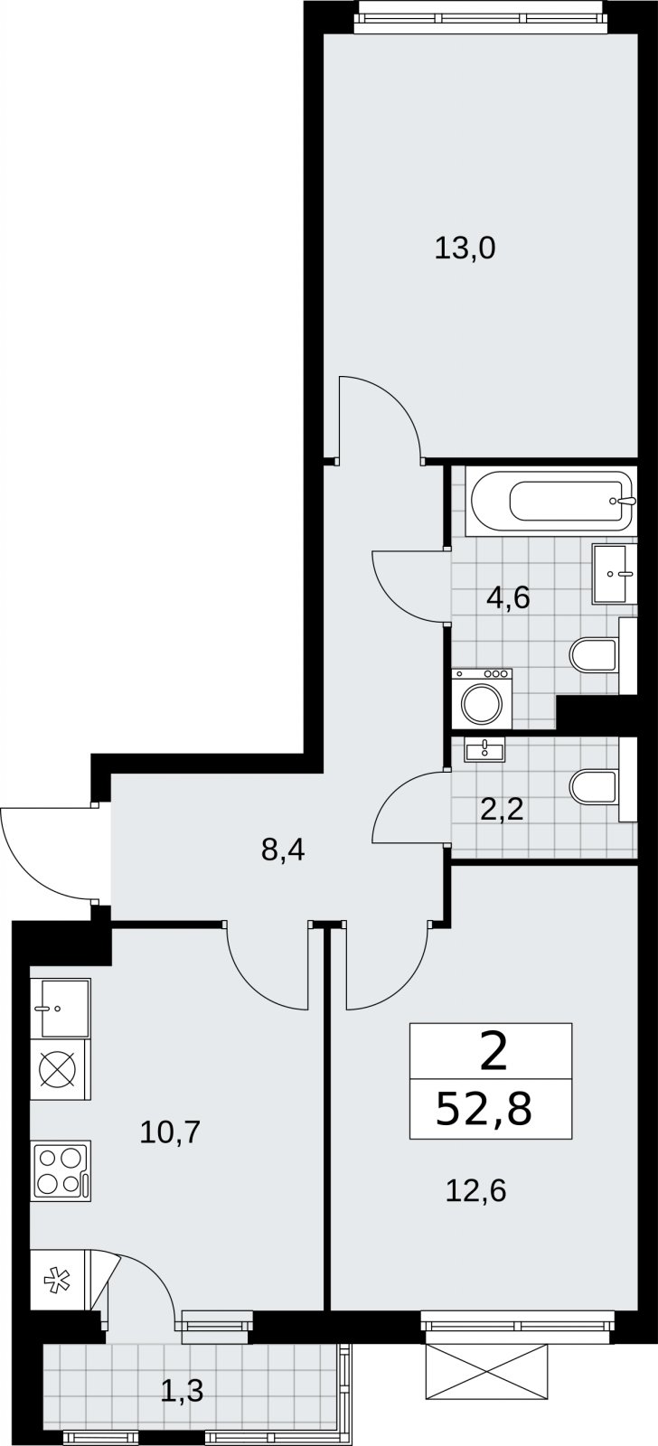 2-комнатная квартира без отделки, 52.8 м2, 4 этаж, сдача 2 квартал 2026 г., ЖК Бунинские кварталы, корпус 7.3 - объявление 2313764 - фото №1