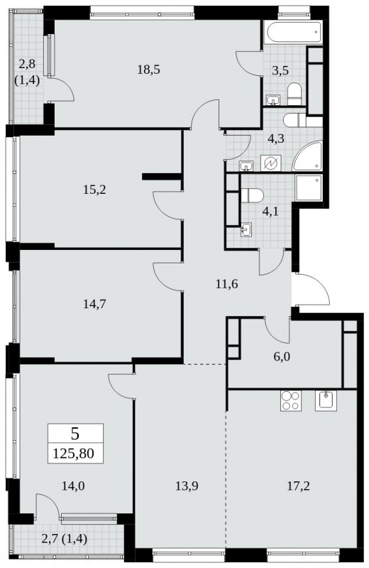5-комнатная квартира (евро) с полной отделкой, 125.8 м2, 30 этаж, сдача 2 квартал 2025 г., ЖК Южные сады, корпус 2.1 - объявление 1760086 - фото №1