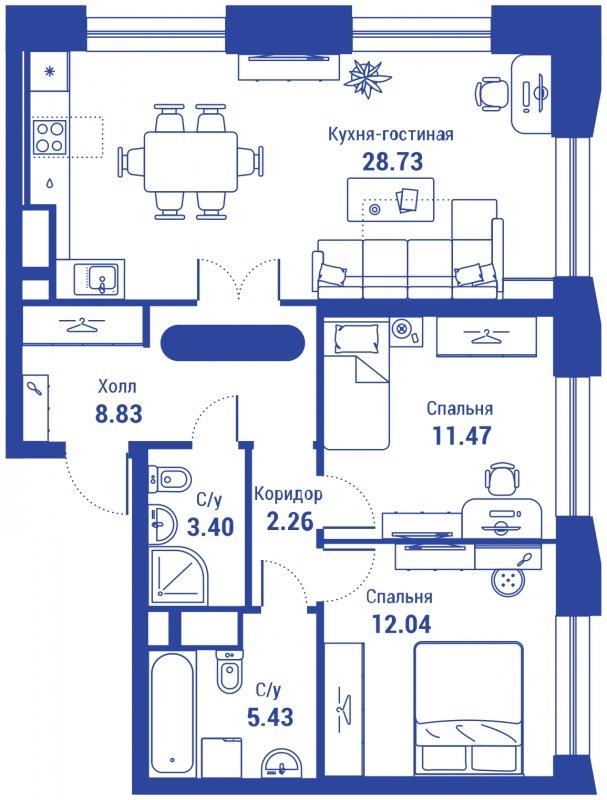 3-комнатная квартира (евро) с полной отделкой, 72.17 м2, 15 этаж, сдача 3 квартал 2024 г., ЖК iLove, корпус 2 - объявление 1576990 - фото №1