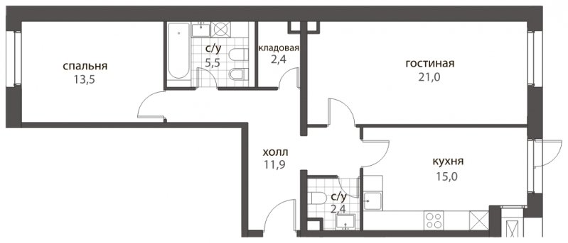 2-комнатная квартира без отделки, 71.7 м2, 1 этаж, сдача 1 квартал 2022 г., ЖК HomeCity, корпус 5 - объявление 1295742 - фото №1