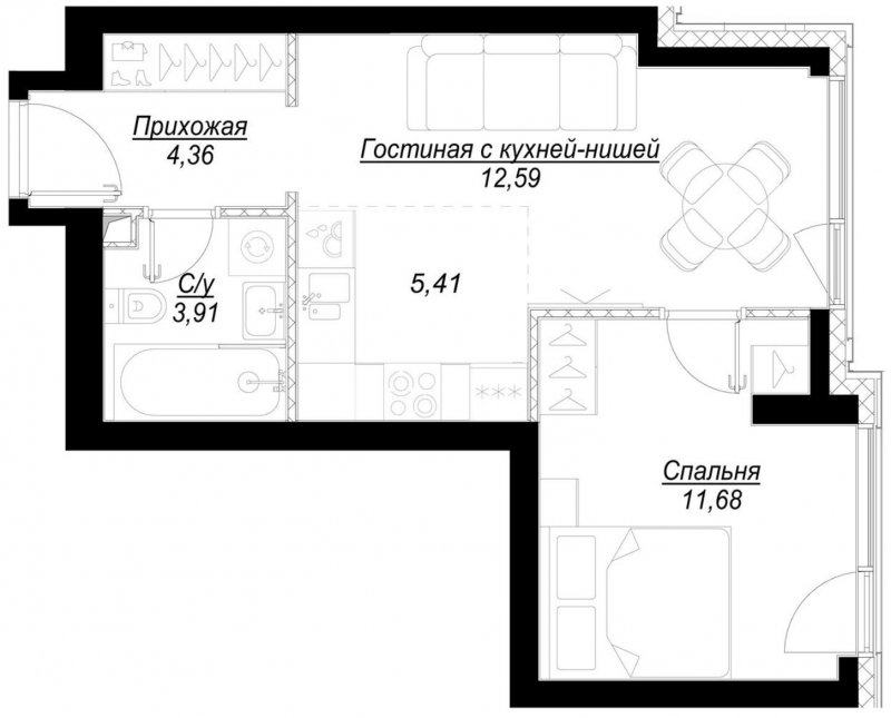 1-комнатная квартира с частичной отделкой, 38 м2, 6 этаж, дом сдан, ЖК Hide, корпус RiverSide - объявление 2192211 - фото №1