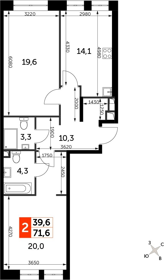 2-комнатная квартира с полной отделкой, 71.6 м2, 8 этаж, сдача 3 квартал 2024 г., ЖК Sydney City, корпус 2.1 - объявление 2207305 - фото №1