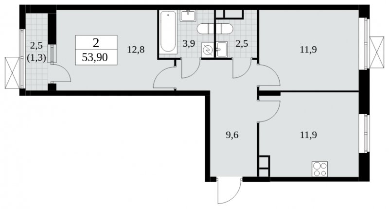 2-комнатная квартира с частичной отделкой, 53.9 м2, 3 этаж, сдача 2 квартал 2025 г., ЖК Прокшино, корпус 5.1.2 - объявление 1860213 - фото №1