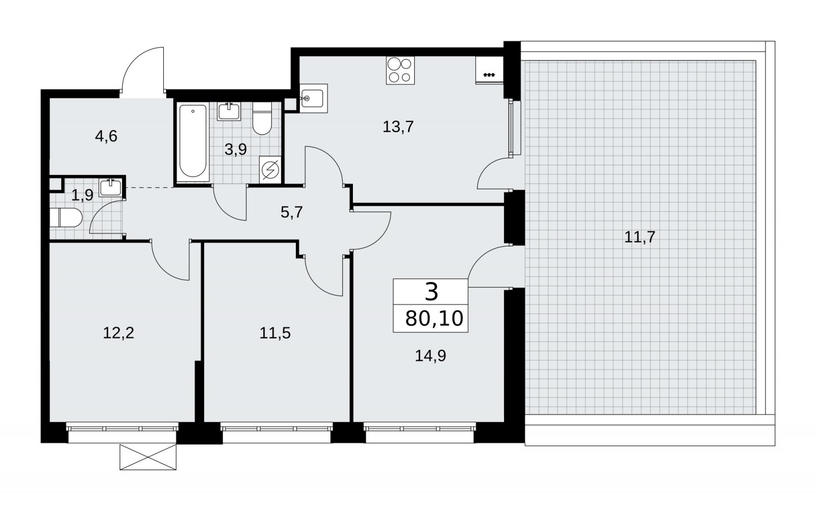 3-комнатная квартира с частичной отделкой, 80.1 м2, 2 этаж, сдача 4 квартал 2025 г., ЖК Бунинские кварталы, корпус 3.3 - объявление 2151994 - фото №1
