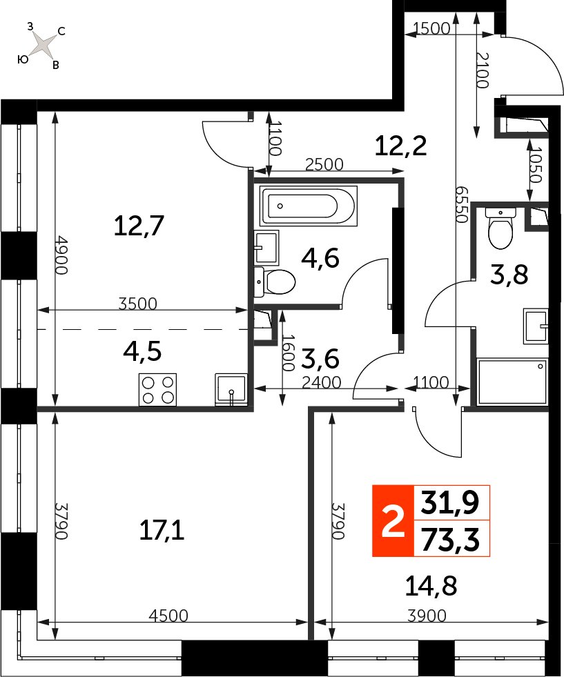 2-комнатная квартира с частичной отделкой, 73.3 м2, 7 этаж, сдача 3 квартал 2024 г., ЖК Sydney City, корпус 2.1 - объявление 2374908 - фото №1